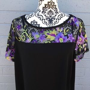AGB Black Mesh with Purple Floral Embroidery Dress